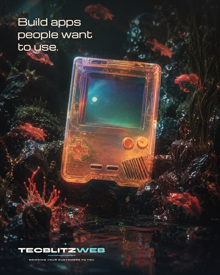 Editorial poster: a translucent handheld device among coral, with the line Build apps people want to use.