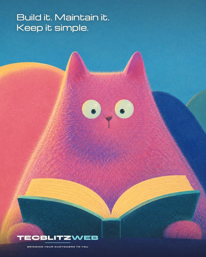 Editorial poster: an illustrated cat reading a book, with the line Build it. Maintain it. Keep it simple.