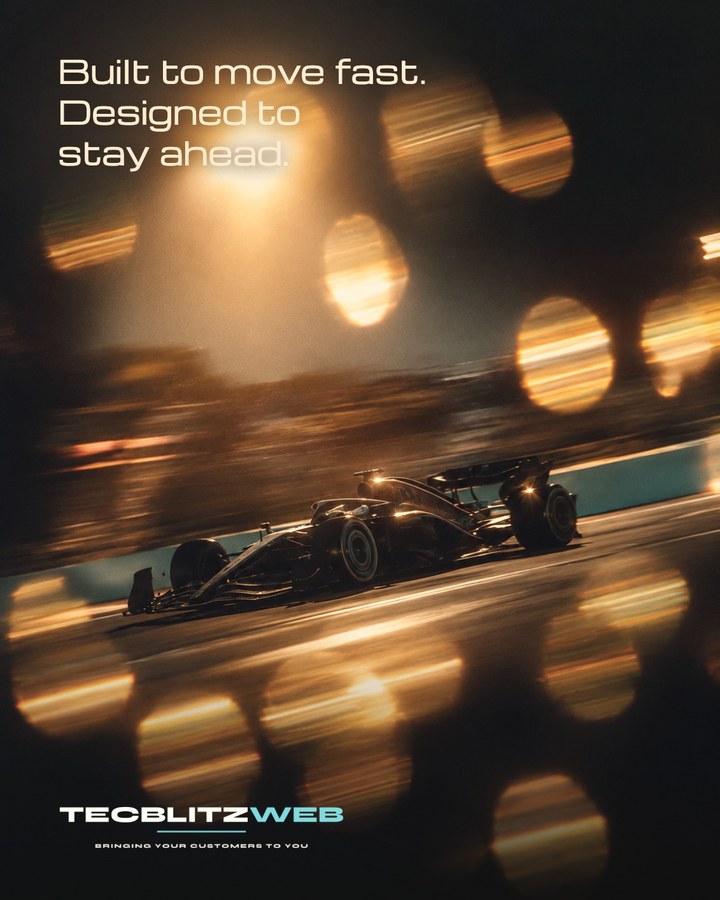 Editorial poster: a racing car at speed through blurred lights, with the line Built to move fast. Designed to stay ahead.