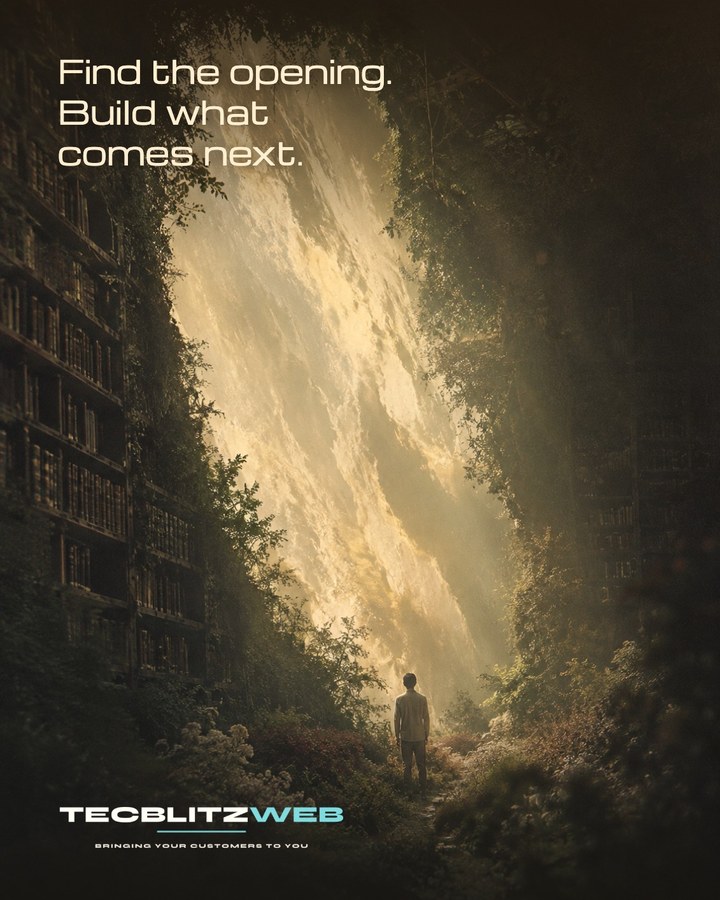 Editorial poster: a figure walking towards light in a forest clearing, with the line Find the opening. Build what comes next.