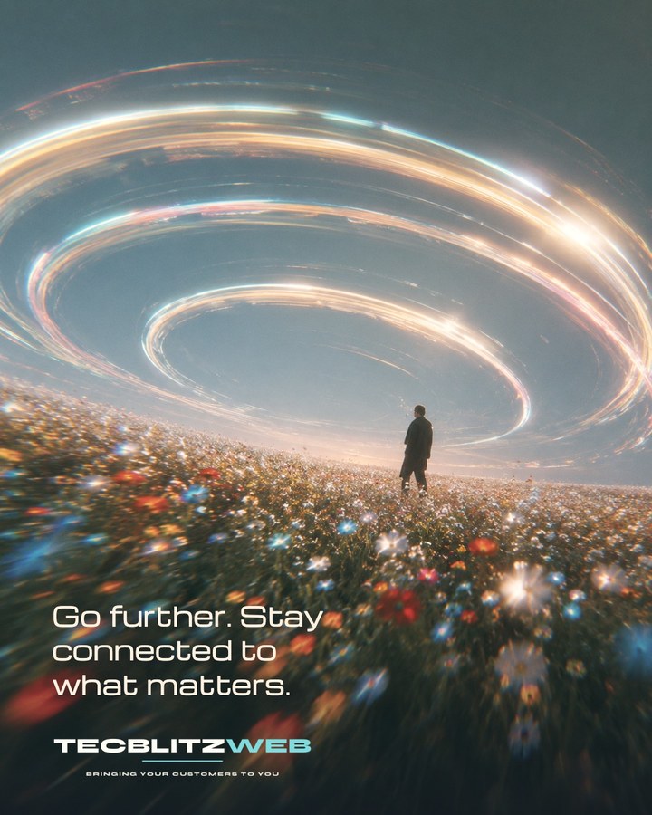 Editorial poster: a figure in a field under swirling light, with the line Go further. Stay connected to what matters.