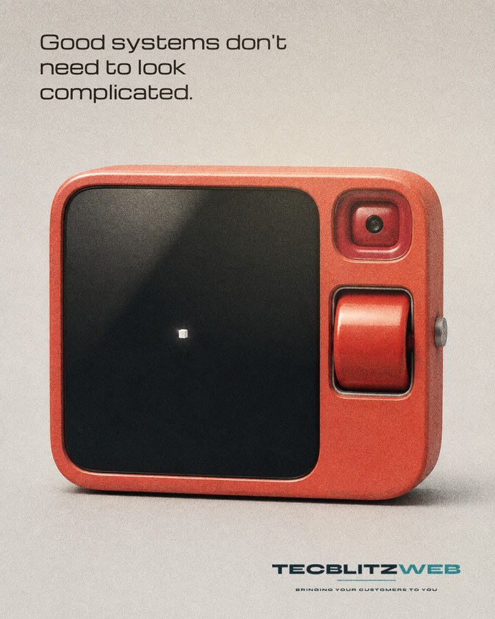 Editorial poster: a simple red device on a pale background, with the line Good systems don't need to look complicated.