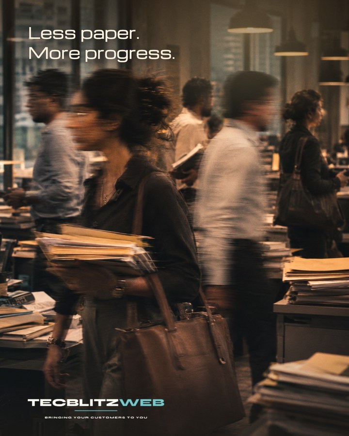 Editorial poster: a busy office in motion, with the line Less paper. More progress.